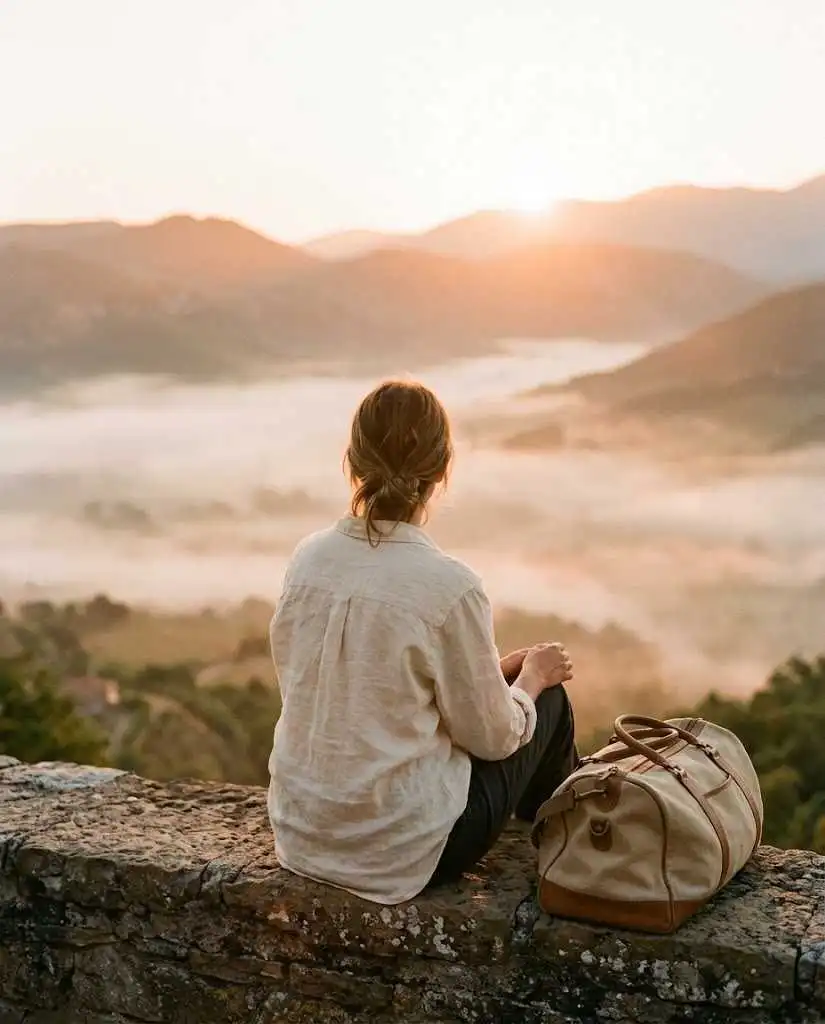 Voyageur contemplant un paysage au lever du soleil