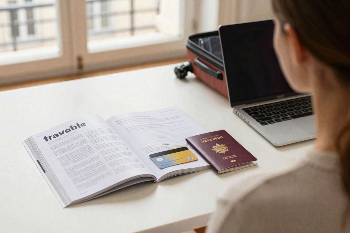 Voyageuse vérifiant ses protections et documents avant le départ