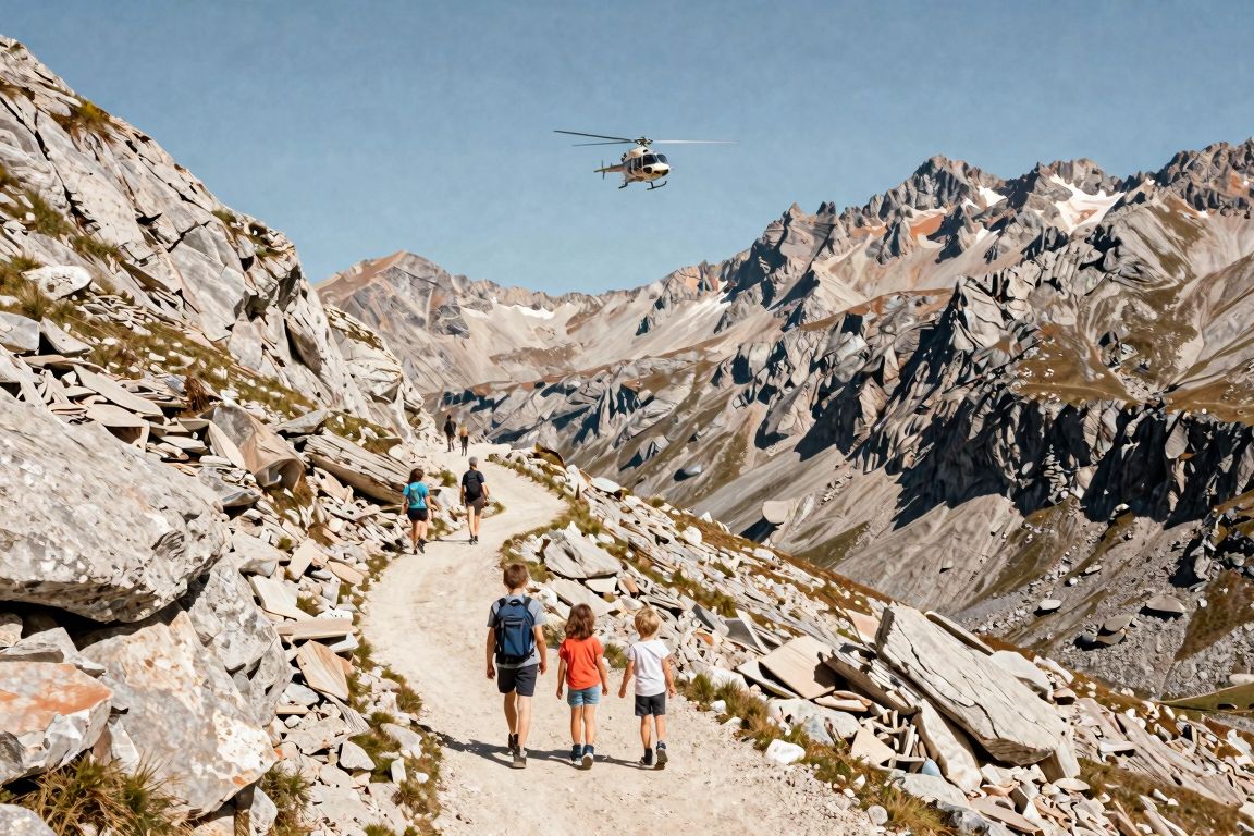 Famille européenne en randonnée dans les Alpes avec assistance aérienne