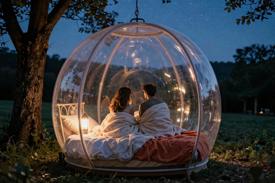 Nuit romantique dans une bulle transparente face aux arbres