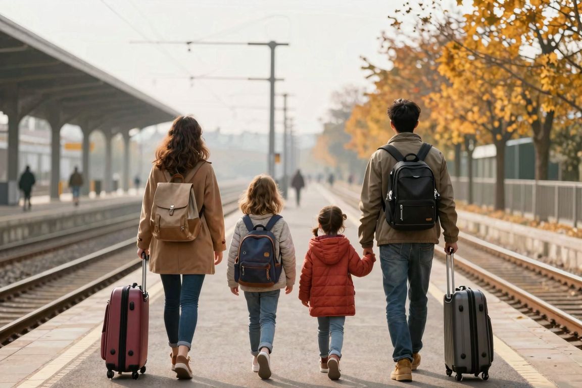 Famille européenne voyageant en train pendant les vacances de la Toussaint