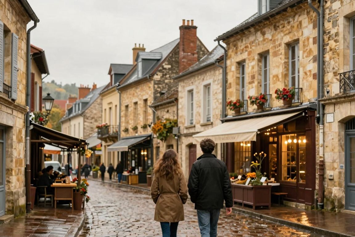 Couple découvrant une ville française d’automne malgré la pluie