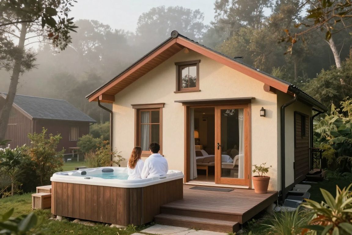 Spa privatif sur la terrasse d’une cabane perchée en forêt
