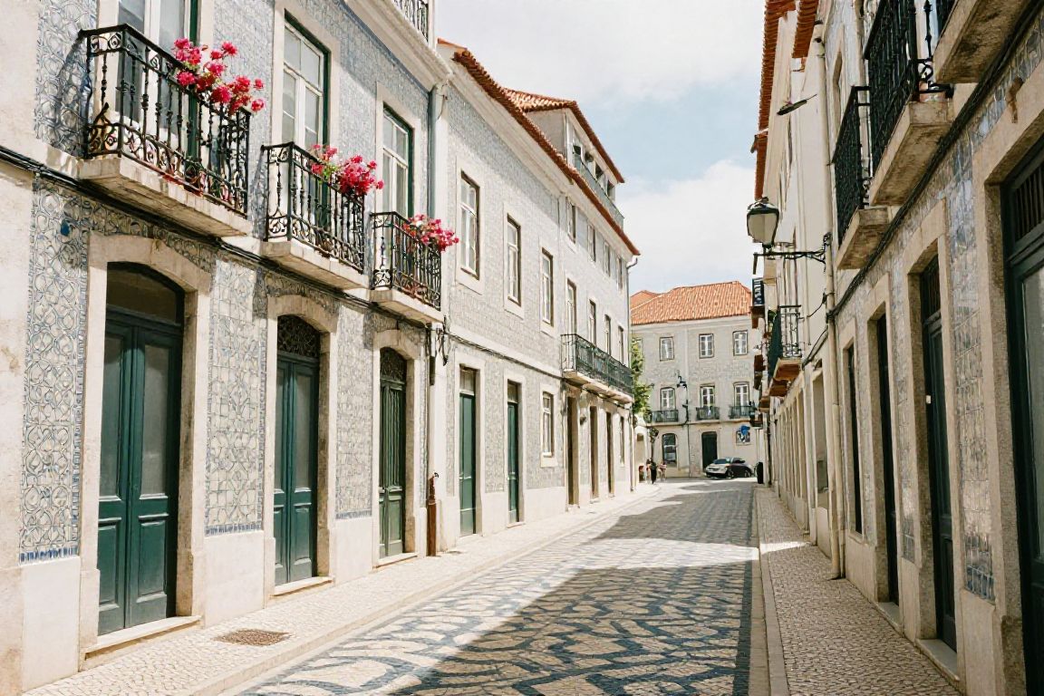 Rue pavée d’Alfama à Lisbonne sous une lumière printanière