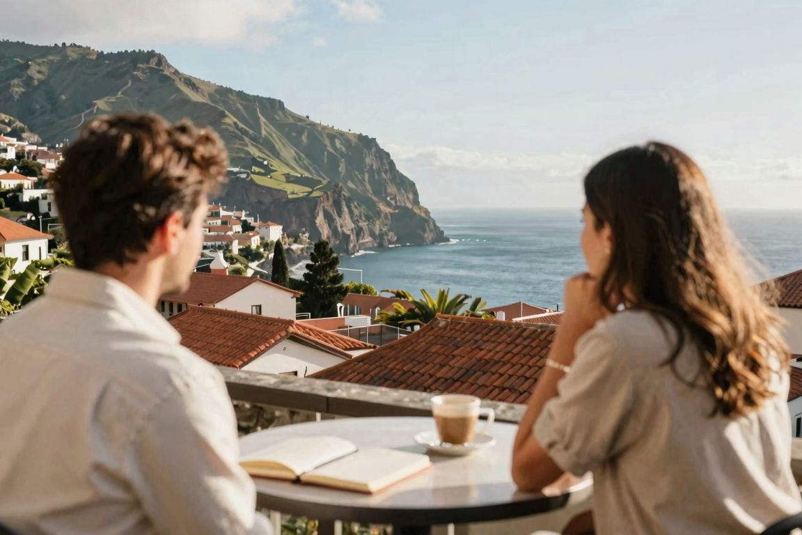 Vue sur Funchal et les montagnes de Madère depuis une terrasse