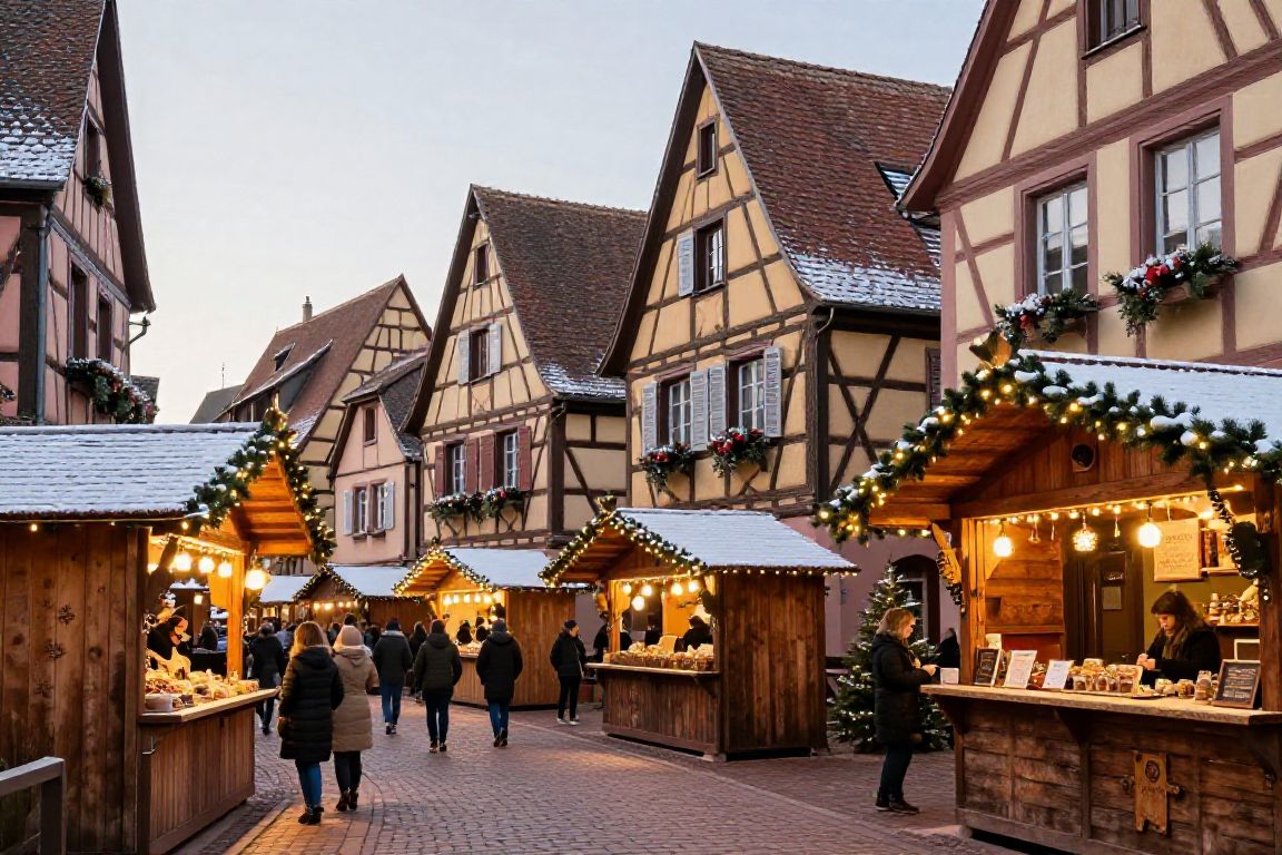 Village alsacien illuminé pendant les marchés de Noël