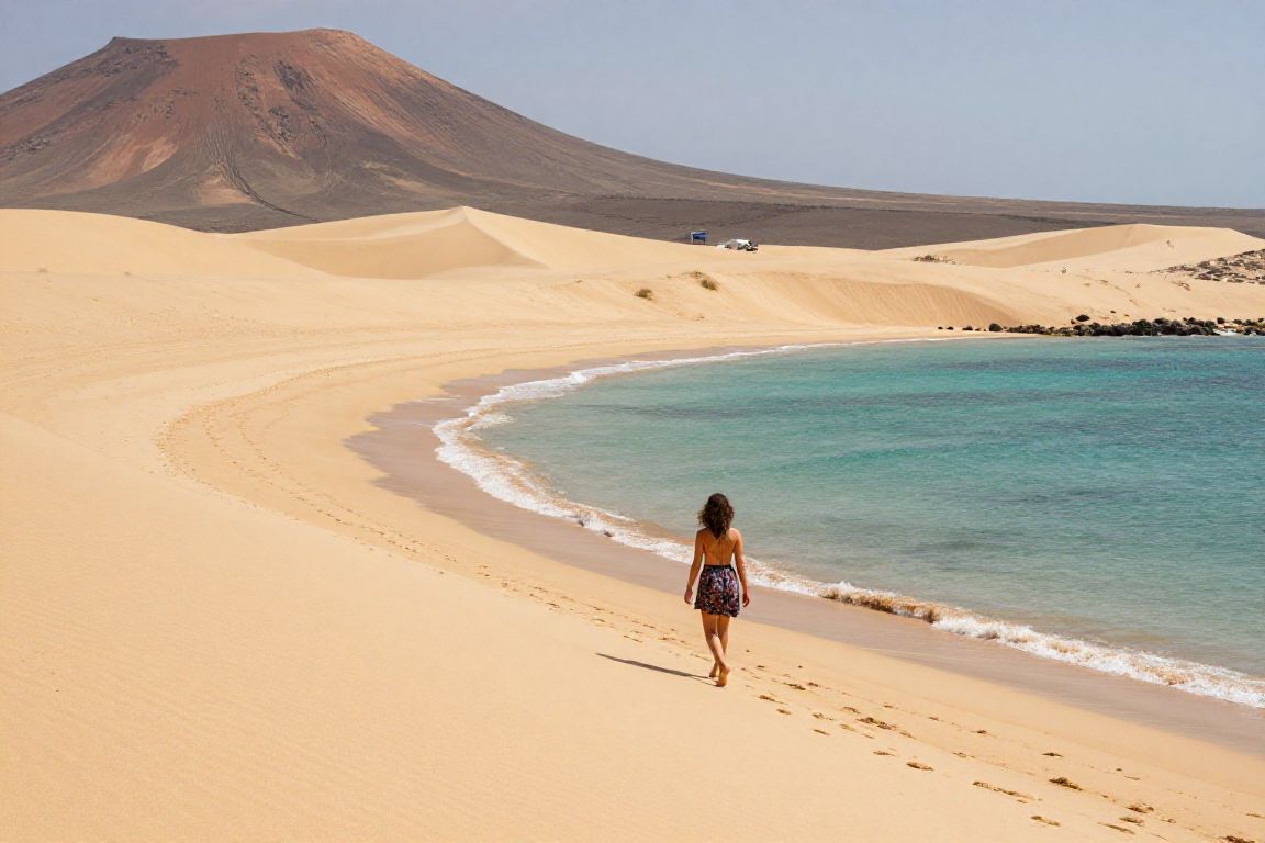 Paysage de dunes et plage turquoise sur l’île de Sal au Cap-Vert