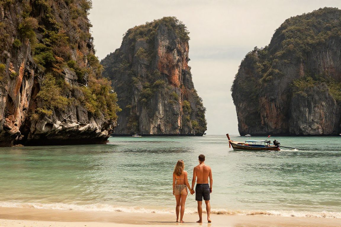 Falaises karstiques et plage tropicale à Krabi, sur la côte d’Andaman