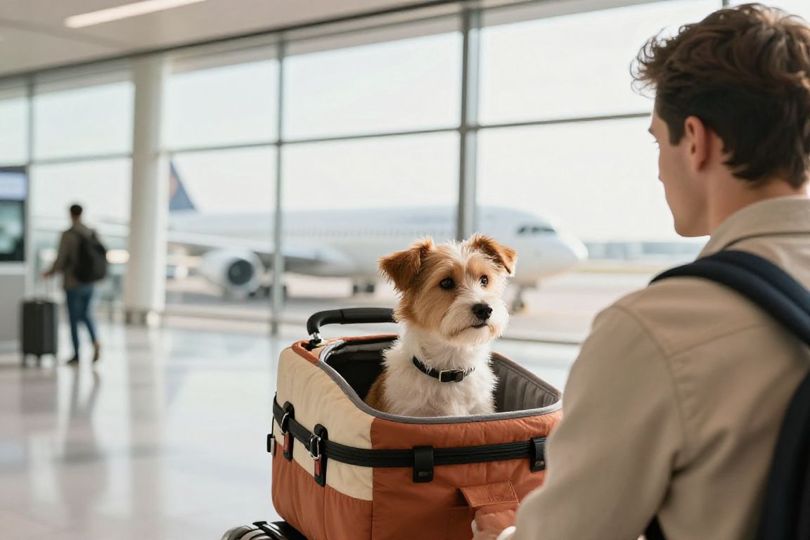 Petit chien dans un sac de transport à l’aéroport avant un vol