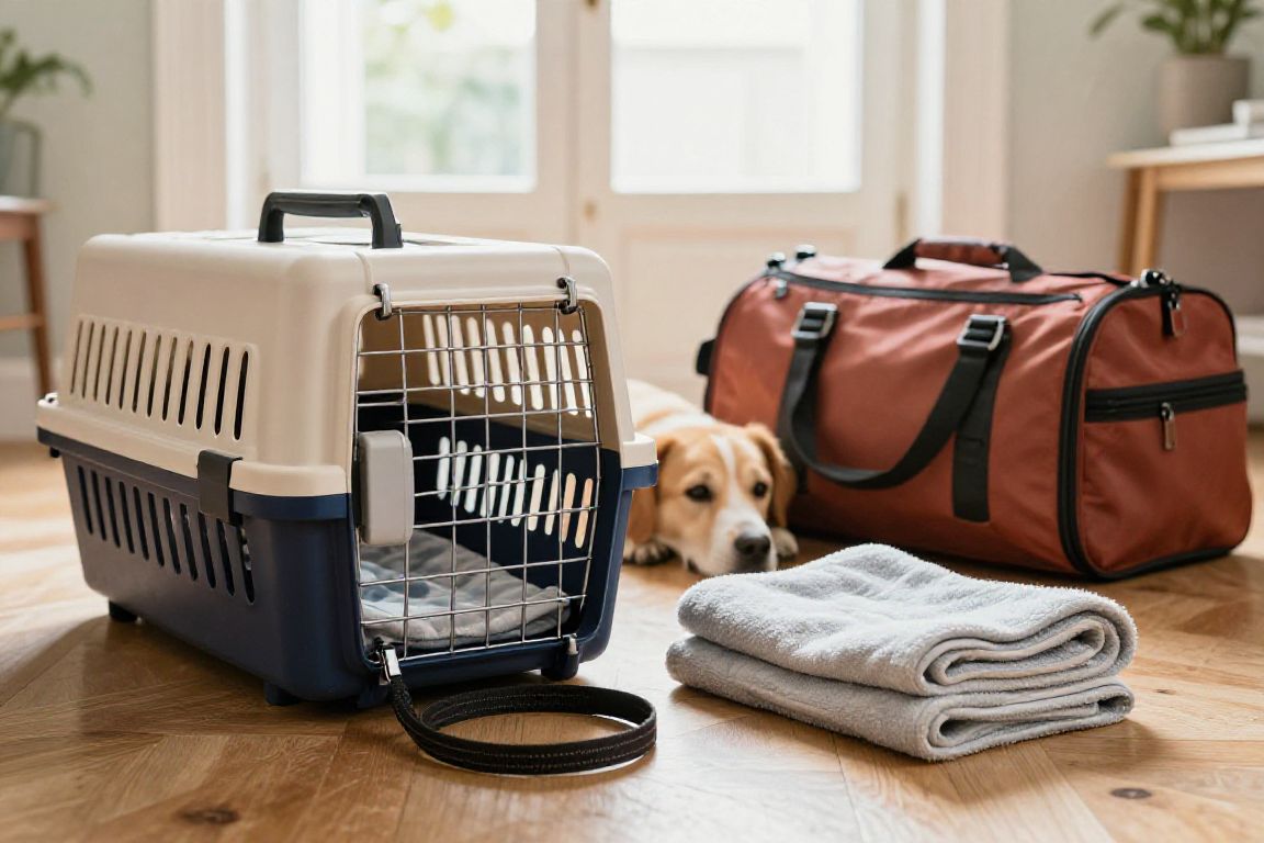Préparation du sac et de la caisse d’un chien avant un voyage en avion