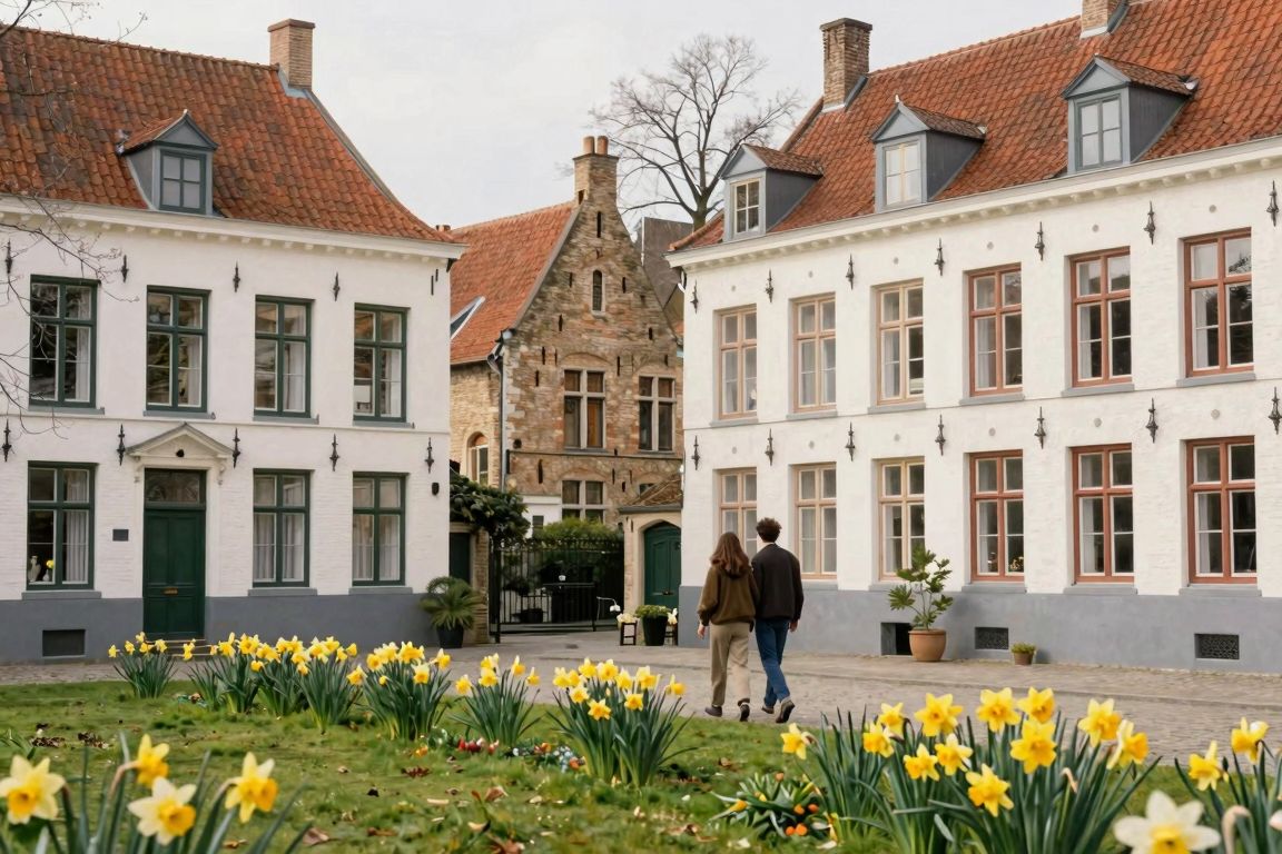 Le Béguinage de Bruges au printemps, avec ses maisons blanches et ses jonquilles